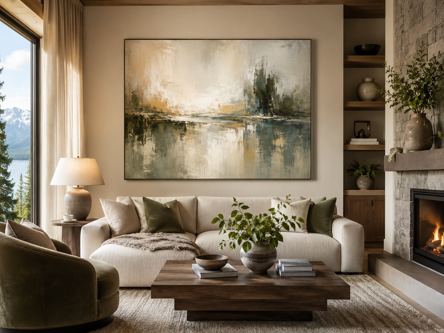 Large hand-painted artwork in a premium living room